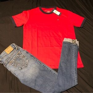 New Tommy Hilfiger Red Tee with True Religion Skinny Jeans for Boys